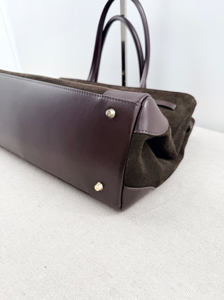 Verafied top handle suede and leather bag with long strap