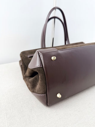 Verafied top handle suede and leather bag with long strap