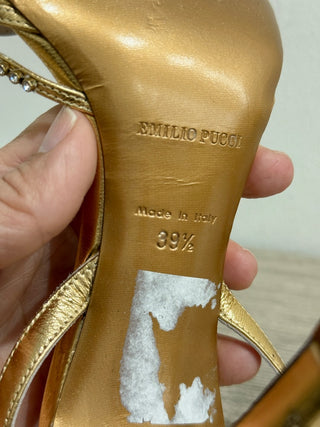 Emilio Pucci Leather Slip On Ankle Strap Strappy High Heels Gold Women's EU 39.5