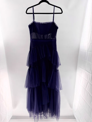 Betsy Adam ruffle mesh inserts maxi dress gown, 10