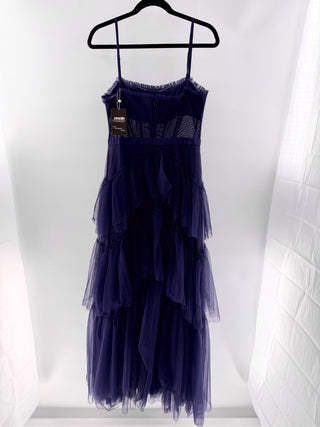 Betsy Adam ruffle mesh inserts maxi dress gown, 10