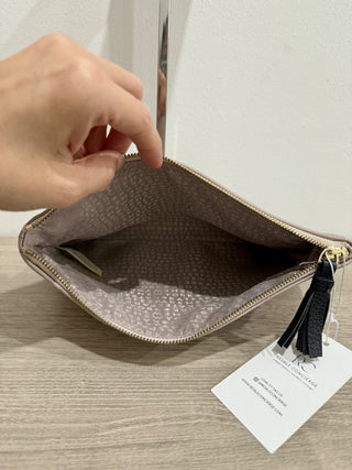 Kate Spade Pebble Leather Zip Up Pouch Clutch with Tassel Trim Gray