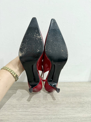 Stuart Weitzman Metalic Patent Leather Stilettos Heel Slingback Pumps Red US 7.5
