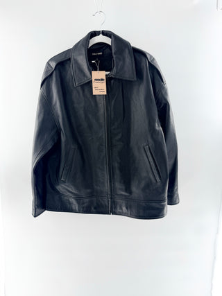 Grlfrnd leather jacket featuring a classic point collar, zip-front closure, and long sleeves, finished with sleek vertical welt pockets, and slightly relaxed silhouette, S