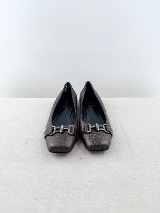Fendi metallic leather square toe flats, 38.5
