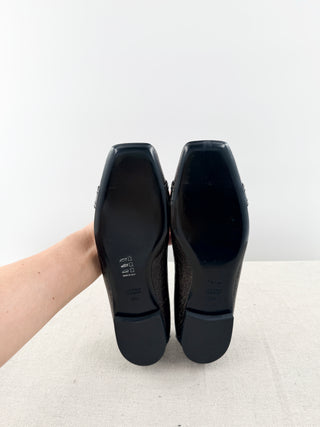 Fendi metallic leather square toe flats, 38.5