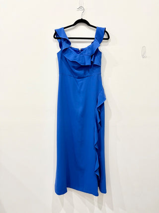 BCBGMaxazria Eve Off Shoulder Slit Ruffle Trim Long Evening Dress Blue Womens 8
