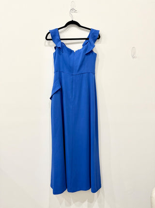 BCBGMaxazria Eve Off Shoulder Slit Ruffle Trim Long Evening Dress Blue Womens 8