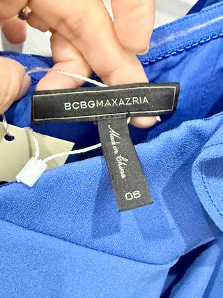 BCBGMaxazria Eve Off Shoulder Slit Ruffle Trim Long Evening Dress Blue Womens 8