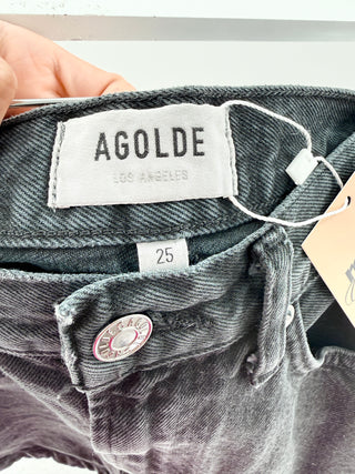 Agolde denim mini shorts featuring a midi-rise waist, and a clean finished hem, 25