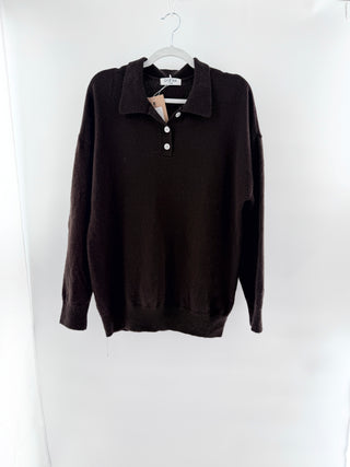 parke knit long-sleeve sweater featuring a collared neckline with a two-button placket, relaxed fit, S/M