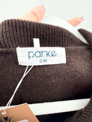 parke knit long-sleeve sweater featuring a collared neckline with a two-button placket, relaxed fit, S/M