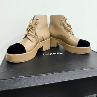 NWT Chanel Colorblock Cap Toe Lace-Up Platform Boots Tan/Black Women's EU 37.5