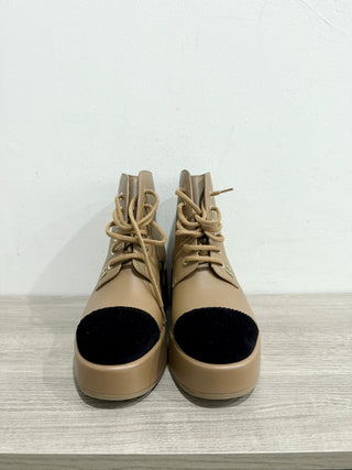 NWT Chanel Colorblock Cap Toe Lace-Up Platform Boots Tan/Black Women's EU 37.5