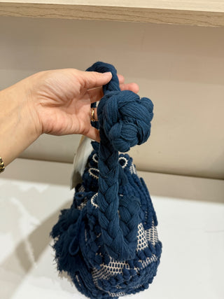 Guadalupe Mochila Crochet Bucket Bag with Tassel Detail Blue
