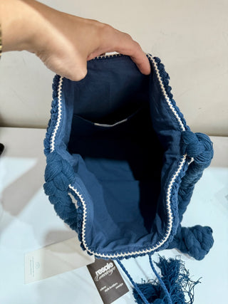 Guadalupe Mochila Crochet Bucket Bag with Tassel Detail Blue