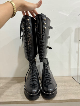 Valentino Garavani Soul Rockstud Cutout Glossed-Leather Knee Boots Black EU 39.5