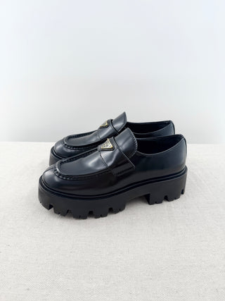 Prada brushed leather monolith loafers with chunky lug sole, 35.5
