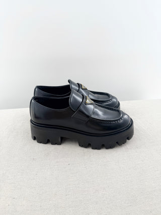 Prada brushed leather monolith loafers with chunky lug sole, 35.5