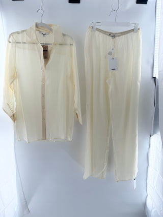 Eaves lightweight collared button-front blouse with long sleeves paired with matching high-waisted wide leg pants with an elastic waistband, top XS / bottom S