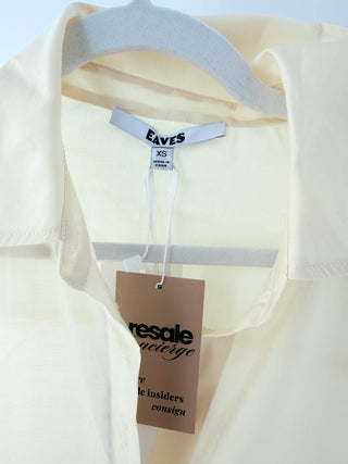 Eaves lightweight collared button-front blouse with long sleeves paired with matching high-waisted wide leg pants with an elastic waistband, top XS / bottom S