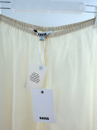 Eaves lightweight collared button-front blouse with long sleeves paired with matching high-waisted wide leg pants with an elastic waistband, top XS / bottom S