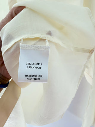 Eaves lightweight collared button-front blouse with long sleeves paired with matching high-waisted wide leg pants with an elastic waistband, top XS / bottom S