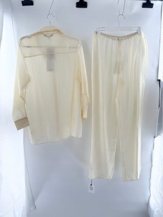 Eaves lightweight collared button-front blouse with long sleeves paired with matching high-waisted wide leg pants with an elastic waistband, top XS / bottom S