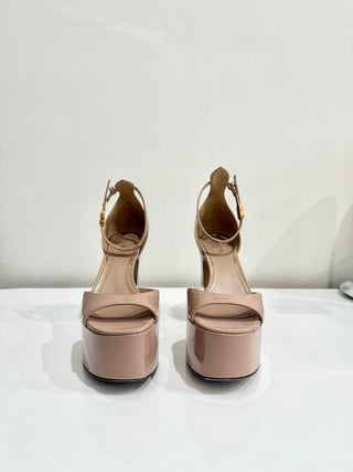 Valentino Garavani Tan-go 155MM Patent Leather Platform Sandals Nude Womens 37.5
