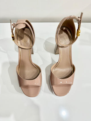 Valentino Garavani Tan-go 155MM Patent Leather Platform Sandals Nude Womens 37.5