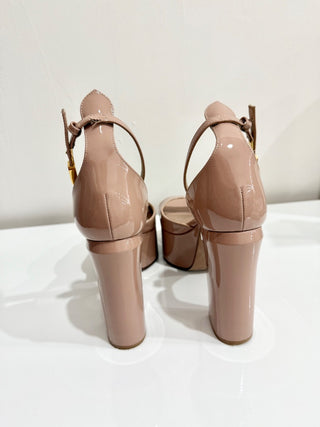Valentino Garavani Tan-go 155MM Patent Leather Platform Sandals Nude Womens 37.5
