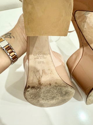 Valentino Garavani Tan-go 155MM Patent Leather Platform Sandals Nude Womens 37.5