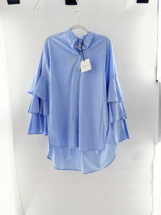 NWT Tensione In Ruffle Sleeve Collared Cotton Shirt Dress Light Blue One Size
