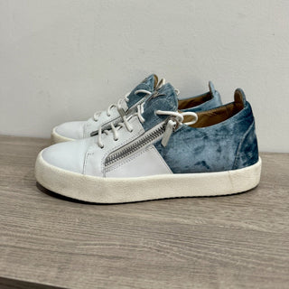 Giuseppe Zanotti Girlhood Leather Velvet Trim Comfort Sneaker White/Light Blue 40