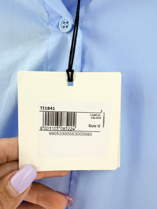 NWT Tensione In Ruffle Sleeve Collared Cotton Shirt Dress Light Blue One Size