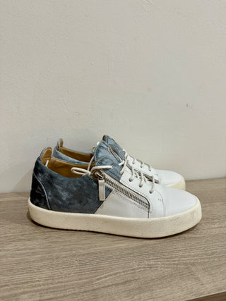 Giuseppe Zanotti Girlhood Leather Velvet Trim Comfort Sneaker White/Light Blue 40