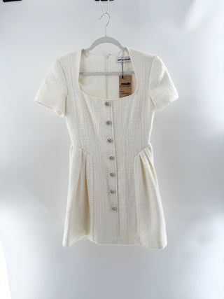 Self-Portrait Boucle Square-Neck Short-Sleeve Fit & Flare Mini Dress Cream US 4