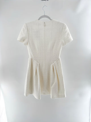 Self-Portrait Boucle Square-Neck Short-Sleeve Fit & Flare Mini Dress Cream US 4
