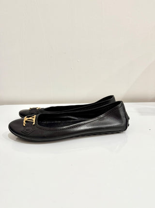 Louis Vuitton Gold Tone LV Leather Ballet Flat Shoes Black Oxford Womens Size 39