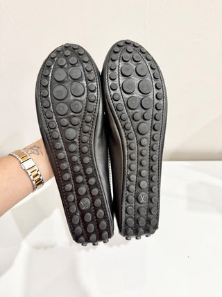 Louis Vuitton Gold Tone LV Leather Ballet Flat Shoes Black Oxford Womens Size 39