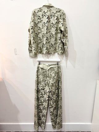 Rich Radi Q's floral light green cutwork embroidered studded set pants and shirt, S