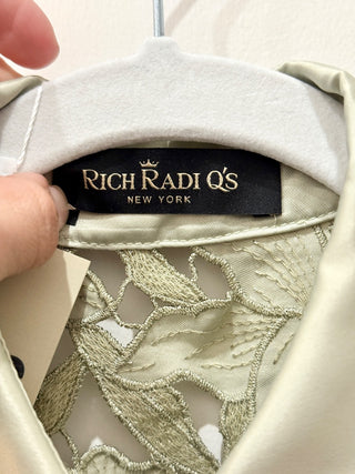 Rich Radi Q's floral light green cutwork embroidered studded set pants and shirt, S