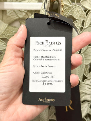 Rich Radi Q's floral light green cutwork embroidered studded set pants and shirt, S