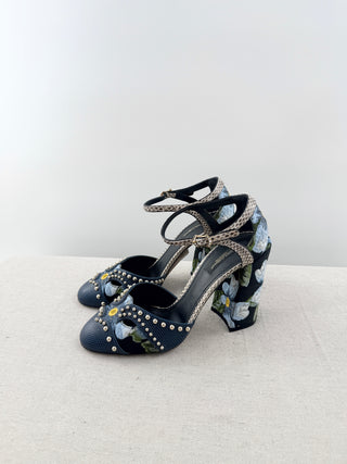 Dolce and Gabbana floral print heels with snakeskin pattern strap, 39.5