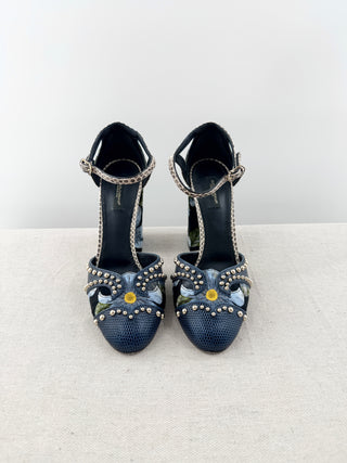 Dolce and Gabbana floral print heels with snakeskin pattern strap, 39.5