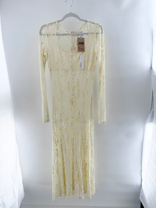NWT Foren Embroidered Flora Long Sleeve Sheer Lace Long Maxi Dress Yellow Small
