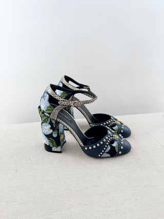 Dolce and Gabbana floral print heels with snakeskin pattern strap, 39.5