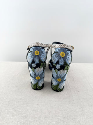 Dolce and Gabbana floral print heels with snakeskin pattern strap, 39.5