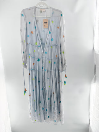 Rococo Sand Embroidered Colorful Star Long Sleeve Boho Maxi Dress Light Blue S
