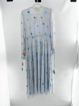 Rococo Sand Embroidered Colorful Star Long Sleeve Boho Maxi Dress Light Blue S